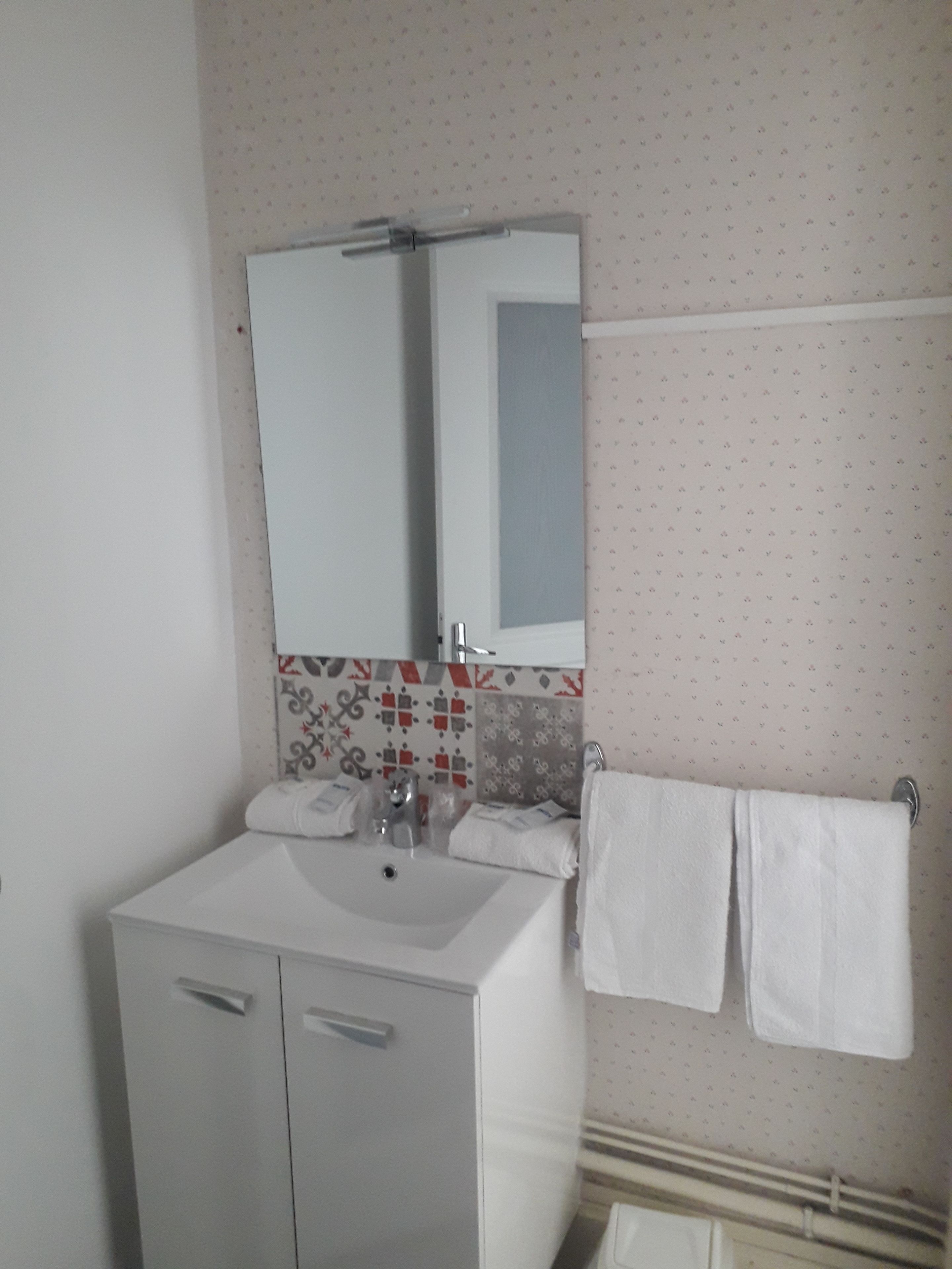 A bathroom with a white sink, a mirror, and a towel rack with two towels.