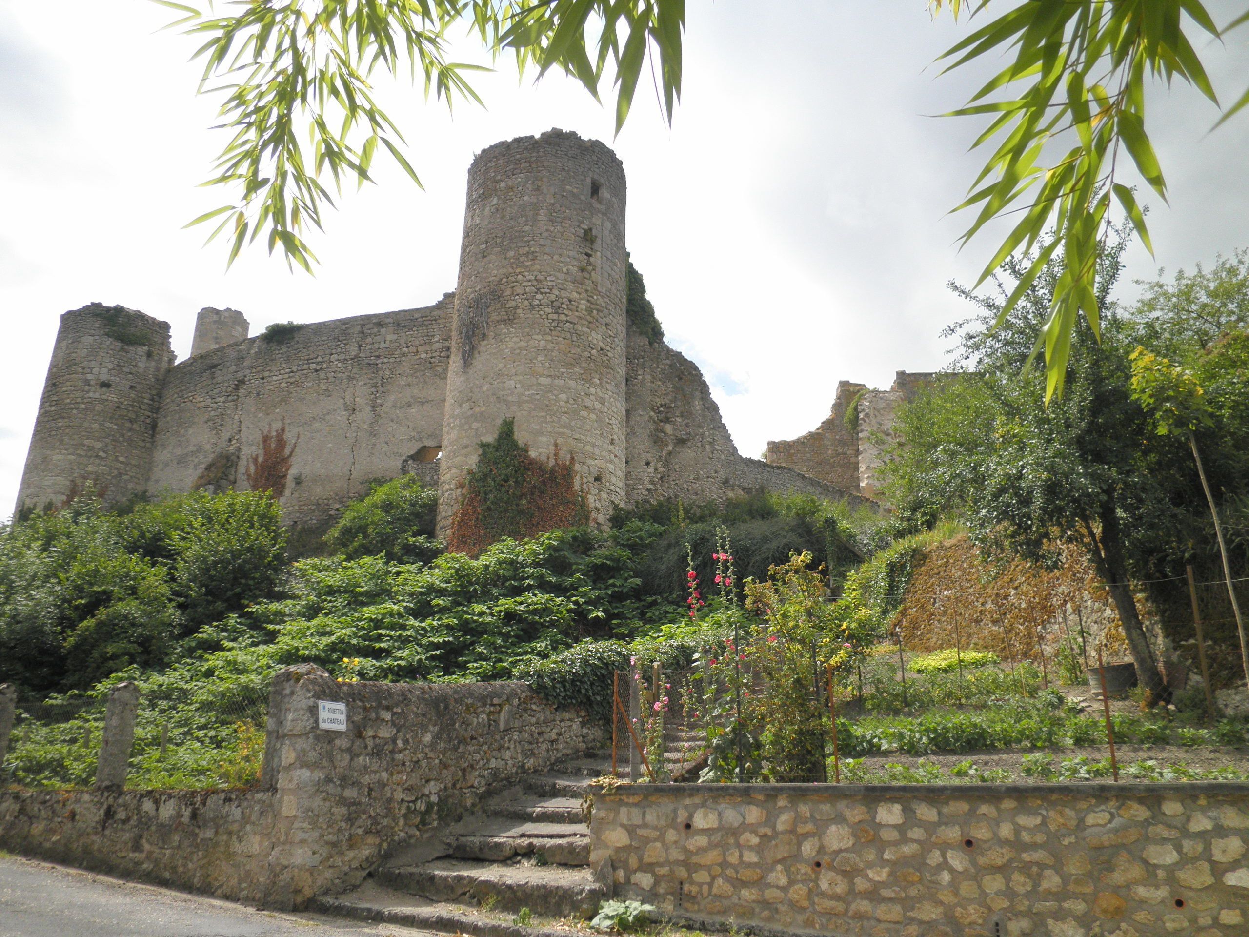 Un castillo de piedra histórico con una torre central, rodeado de vegetación exuberante y un muro de piedra con escalones que conducen a la entrada.