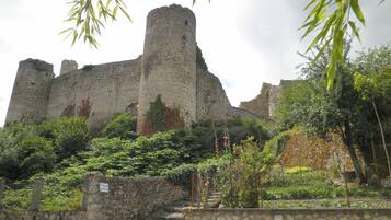 Un castillo de piedra histórico con una torre central, rodeado de vegetación exuberante y un muro de piedra con escalones que conducen a la entrada.