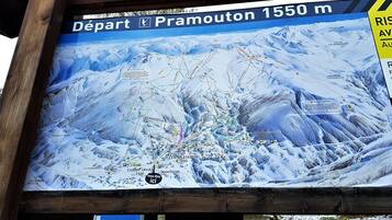 Une carte détaillée de la station de ski indiquant les pistes, les remontées mécaniques et les principaux points d’intérêt, comme la station de départ et le sommet.