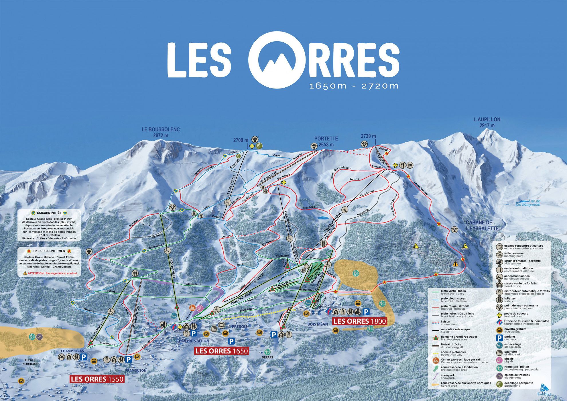 Mappa di una località sciistica con piste, impianti di risalita e cime montuose indicate.