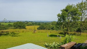 A grassy field with a wooden bench and a tree in the foreground. - Tanglewood Barn (Carlisle)