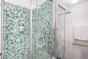 Regadera, secadora de cabello, toallas, shampoo