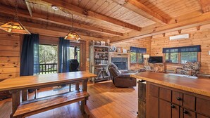 A cozy cabin interior with a wooden interior, a fireplace, a bookshelf, and a television. - 2BD 2BA Cozy Log Cabin, Easy Paved Access, View, Gas Log, Hot Tub, Wifi Pond (Waynesville)