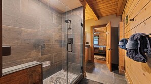 Shower, towels - 2BD 2BA Cozy Log Cabin, Easy Paved Access, View, Gas Log, Hot Tub, Wifi Pond (Waynesville)