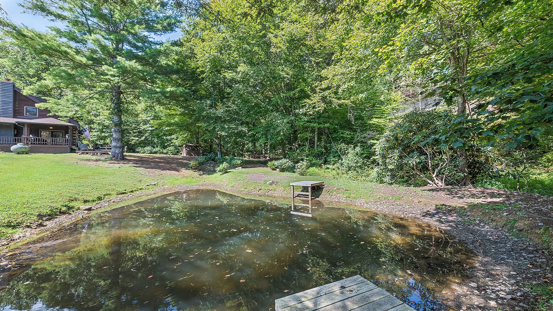 A pond with a wooden dock, surrounded by lush greenery and a house in the background.