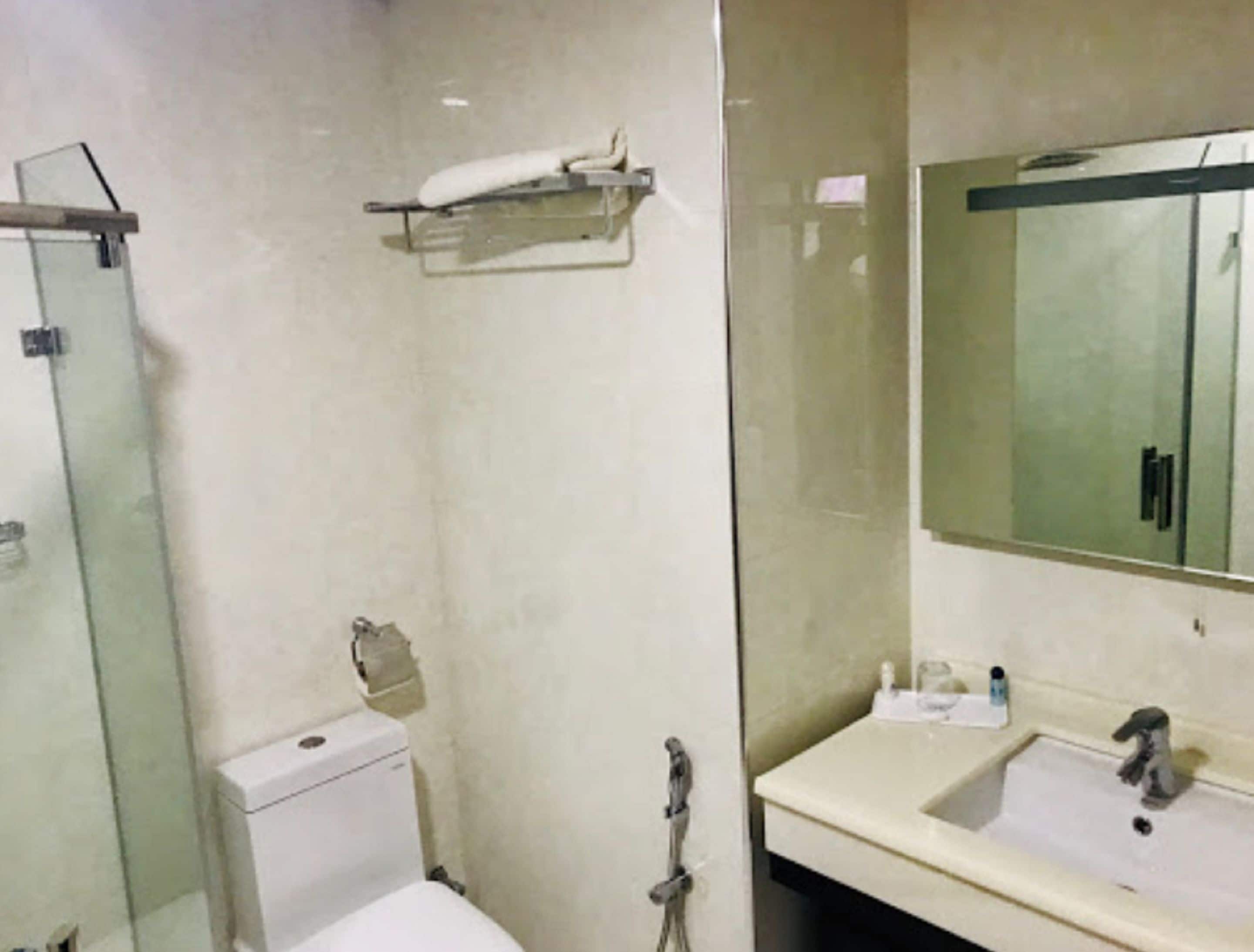 combined shower/bathtub, free toiletries, hair dryer, soap