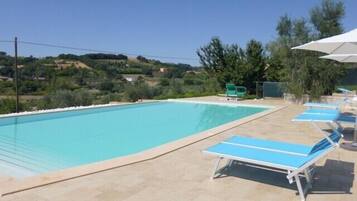 Piscine extérieure, chaises longues