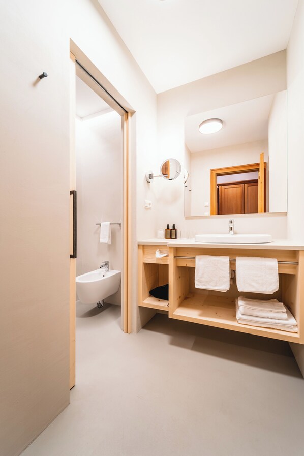 Chambre double, balcon, vue sur la montagne | Salle de bain | Articles de toilette (gratuits), séchoir à cheveux, peignoirs