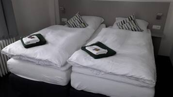 Two single beds with white linens and striped pillows, a grey headboard, and a bedside table with a lamp.