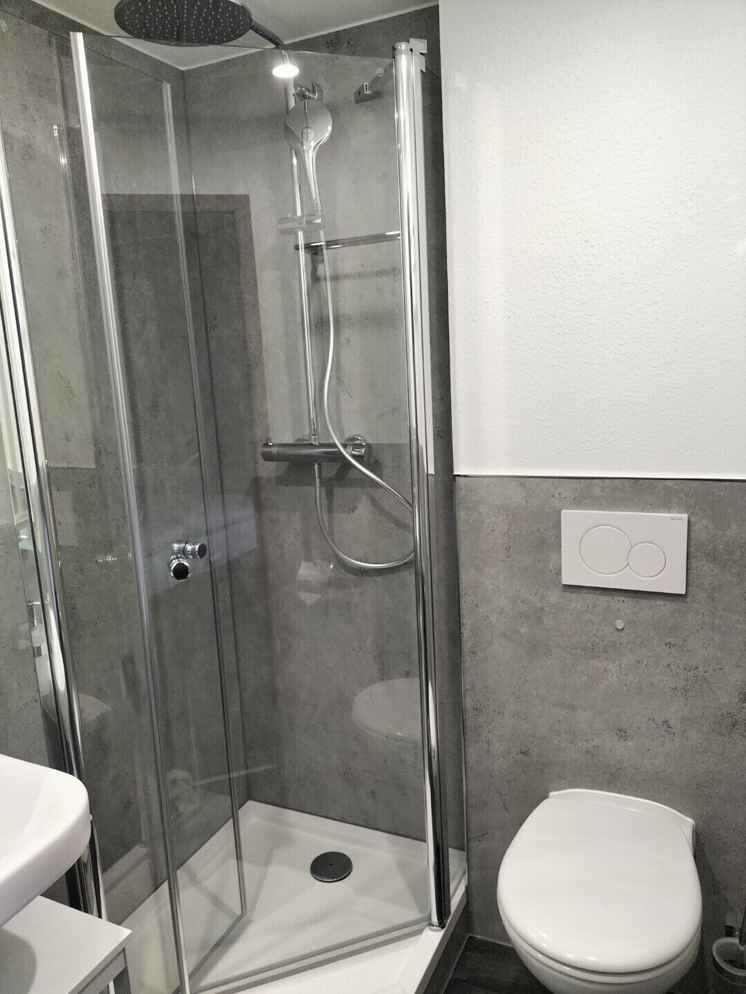 A modern bathroom with a glass-enclosed shower, a white toilet, and a small sink.