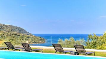 Seasonal outdoor pool, pool umbrellas, pool loungers