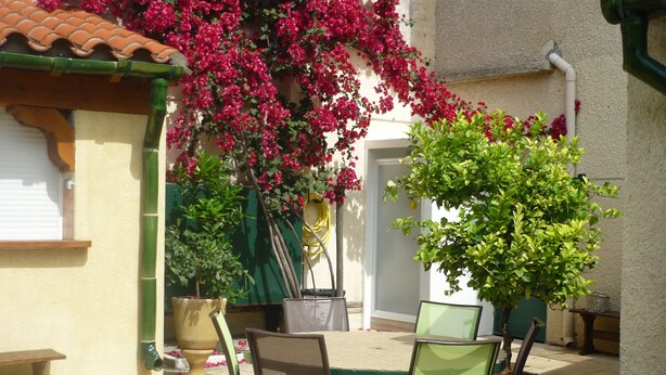 An outdoor patio with a table and chairs, surrounded by potted plants and flowering bushes. - Charming town on 400m² of fully enclosed land (Elne)