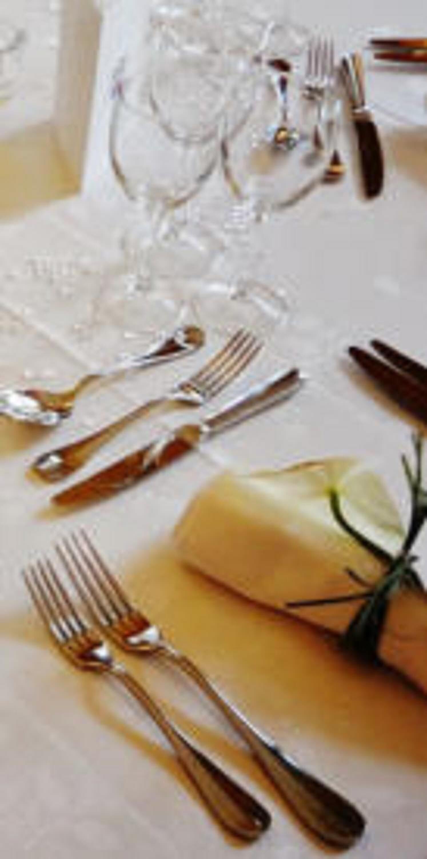 Una mesa dispuesta con cubiertos, cristalería transparente y una servilleta doblada adornada con una guarnición.
