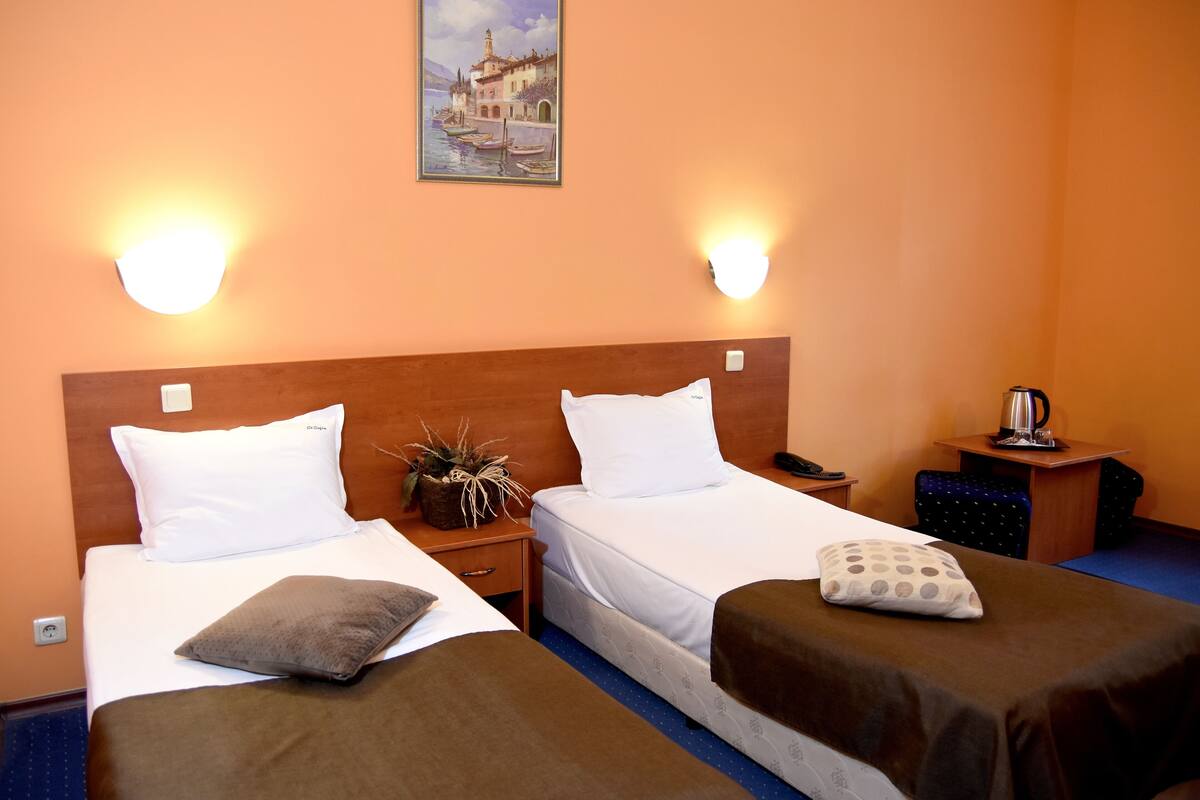 Habitación de hotel con dos camas, cada una con ropa blanca y una manta marrón. Se ve una mesita de noche con una planta y un hervidor.