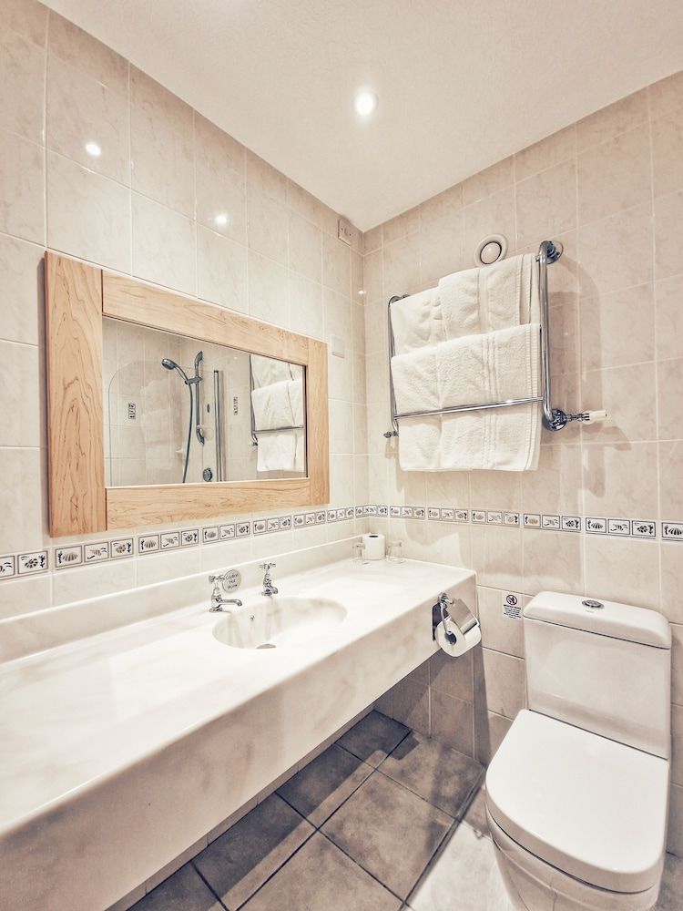 Une salle de bain avec un grand miroir, un lavabo, des toilettes et un porte-serviettes.