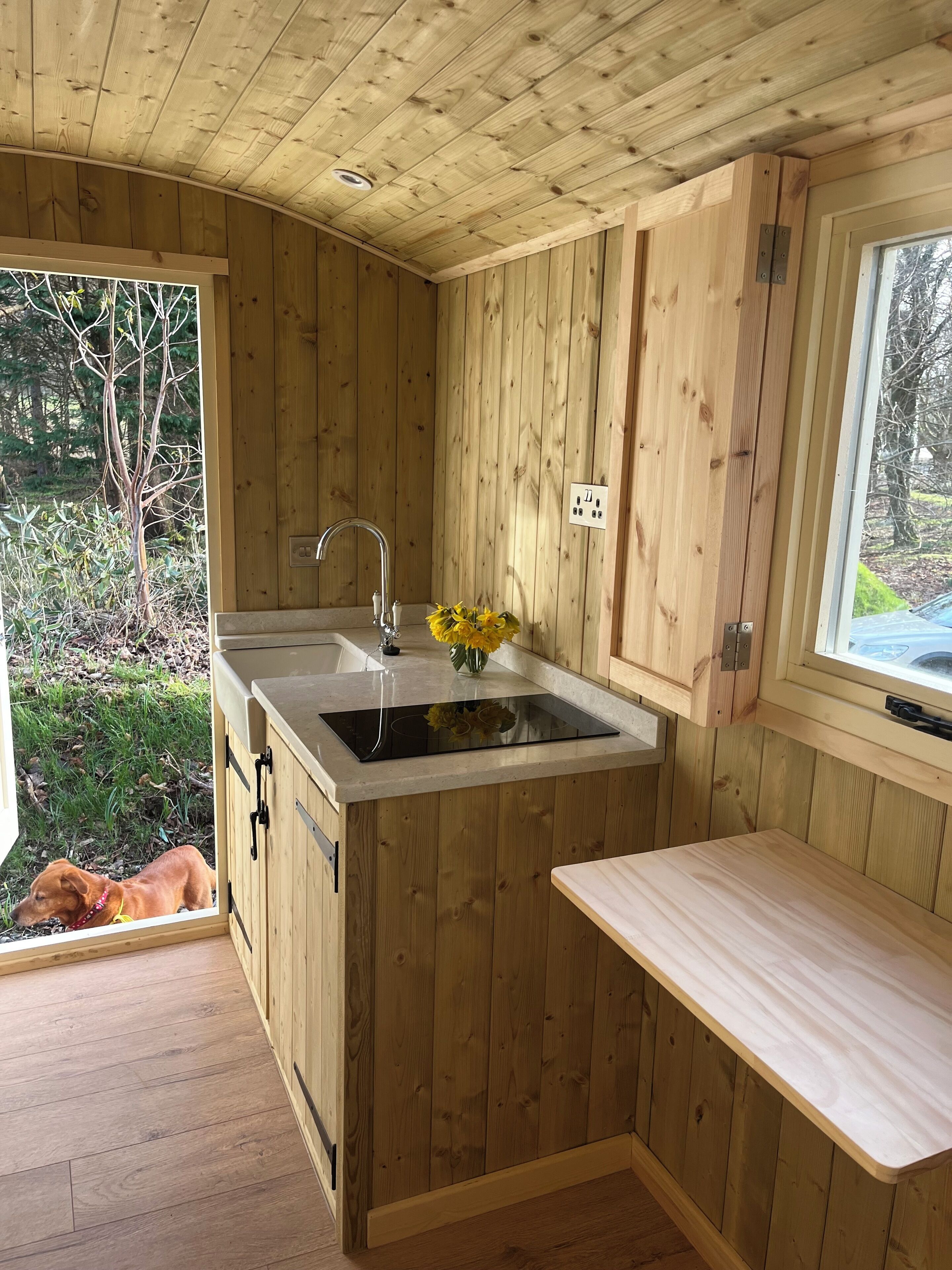 Une petite cuisine aux murs en bois, avec un évier, une fenêtre et un chien visible à l’extérieur.