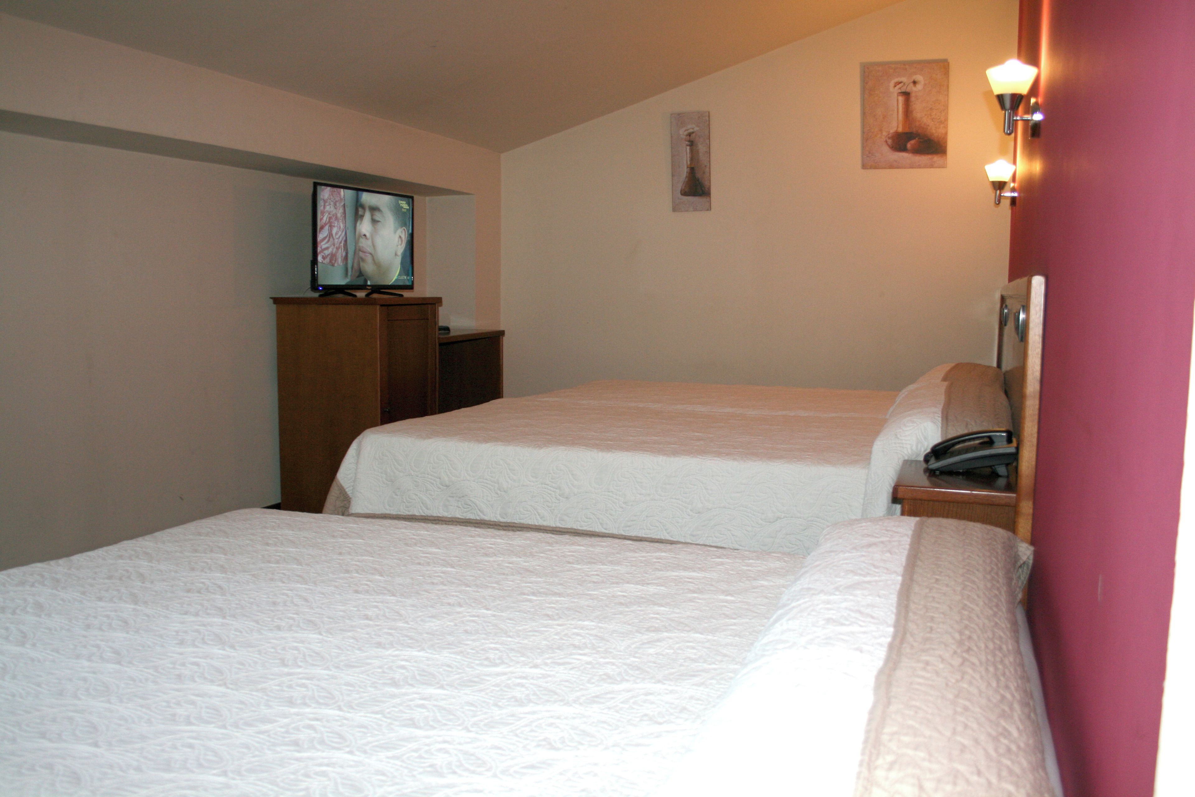 Een hotelkamer met twee bedden, een televisie op een houten kast en een schilderij aan de muur.