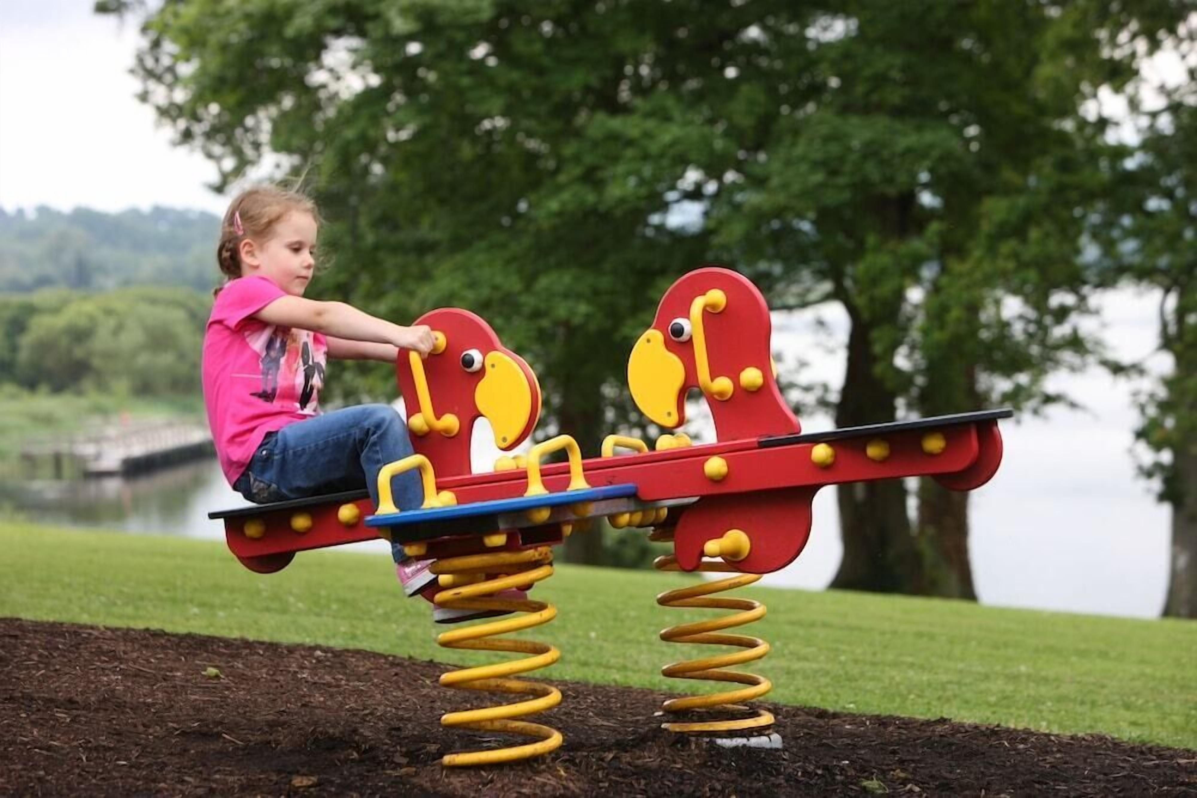 A child playing on a seesaw with a lake and trees in the background.