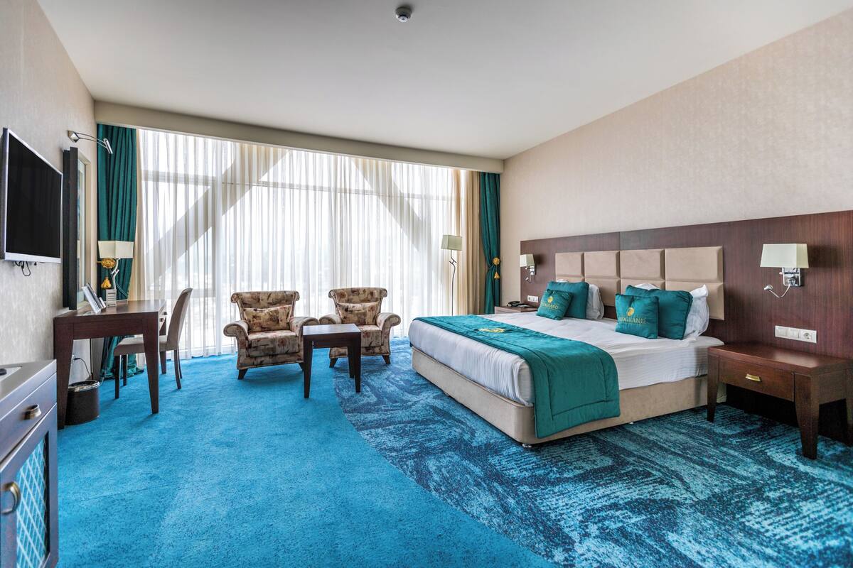 A hotel room with a large bed, two armchairs, a desk, and a TV.