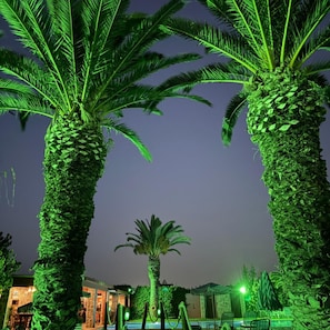 A nighttime view of a resort with palm trees, a pool, and a building with a sign. - Imperial Studios (Malevizi)