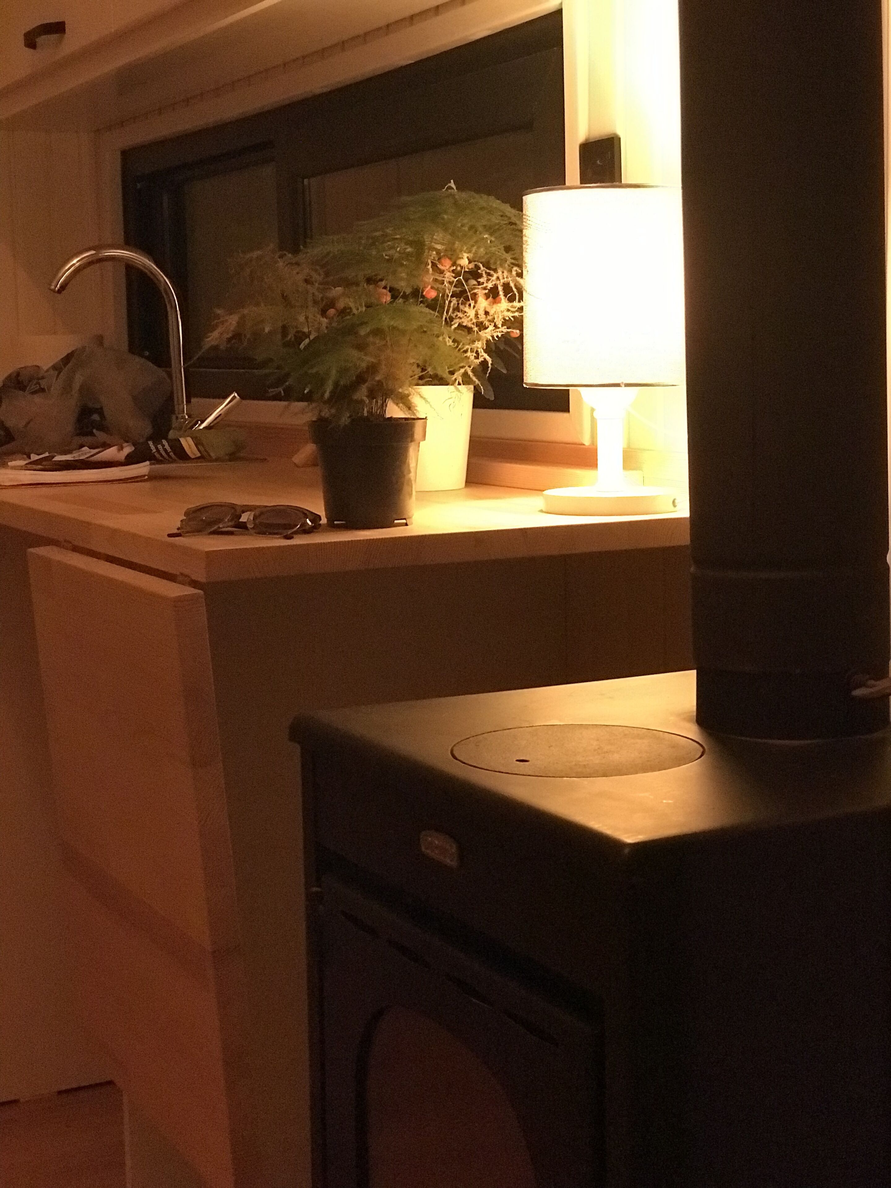 A kitchen with a sink, a potted plant, a microwave, and a window with a lamp.