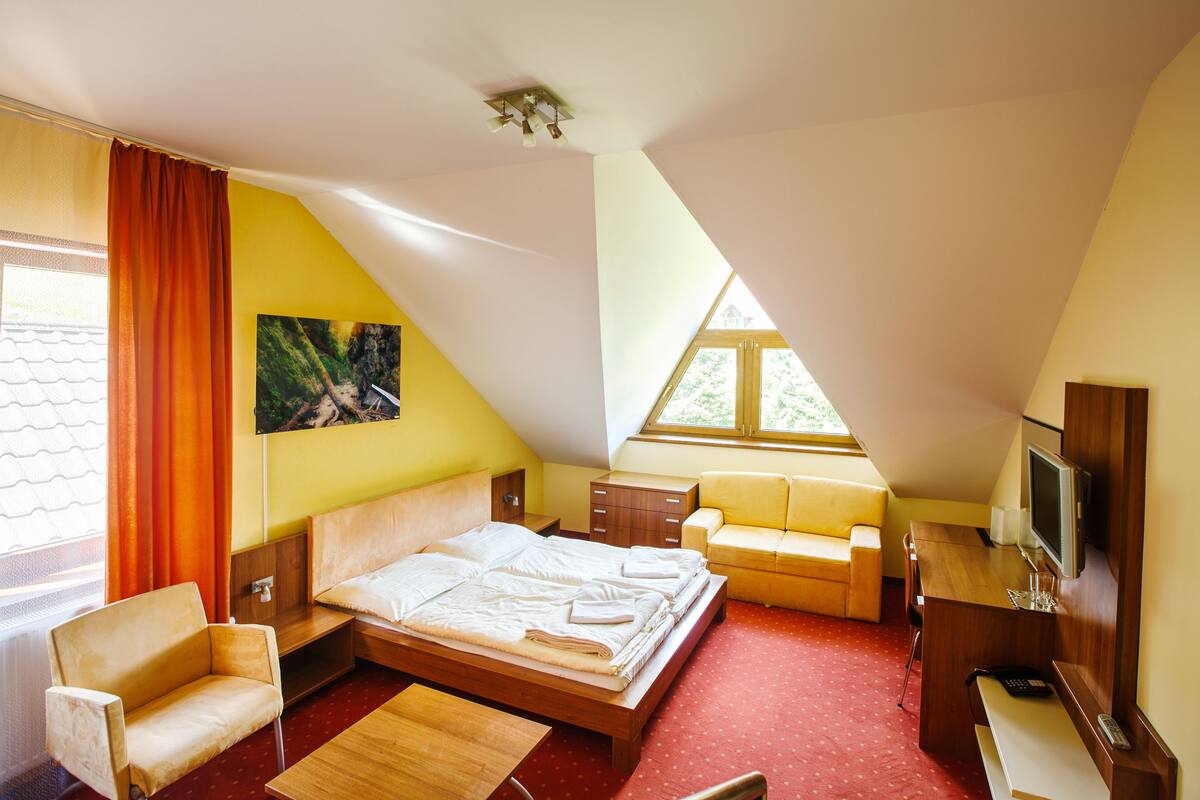A bedroom with a bed, a sofa, a desk, and a TV.