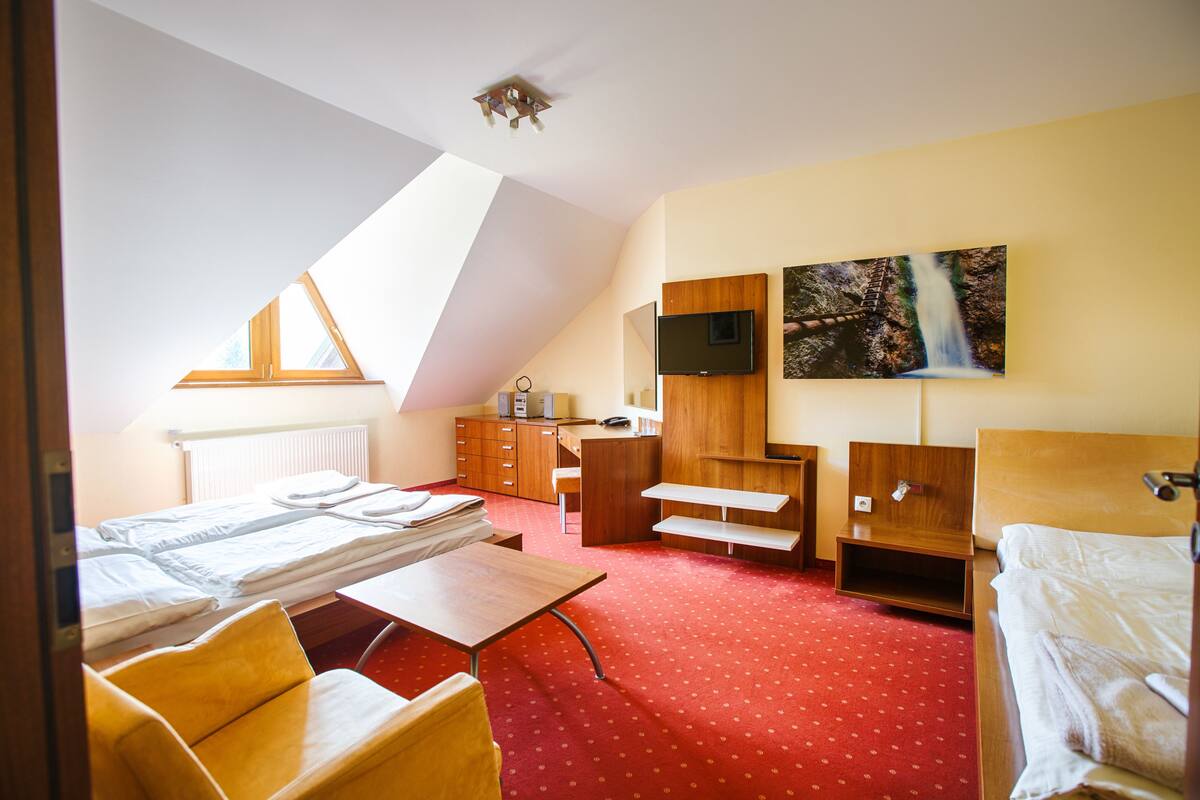 A room with a bed, a desk, a chair, a TV, and a window.