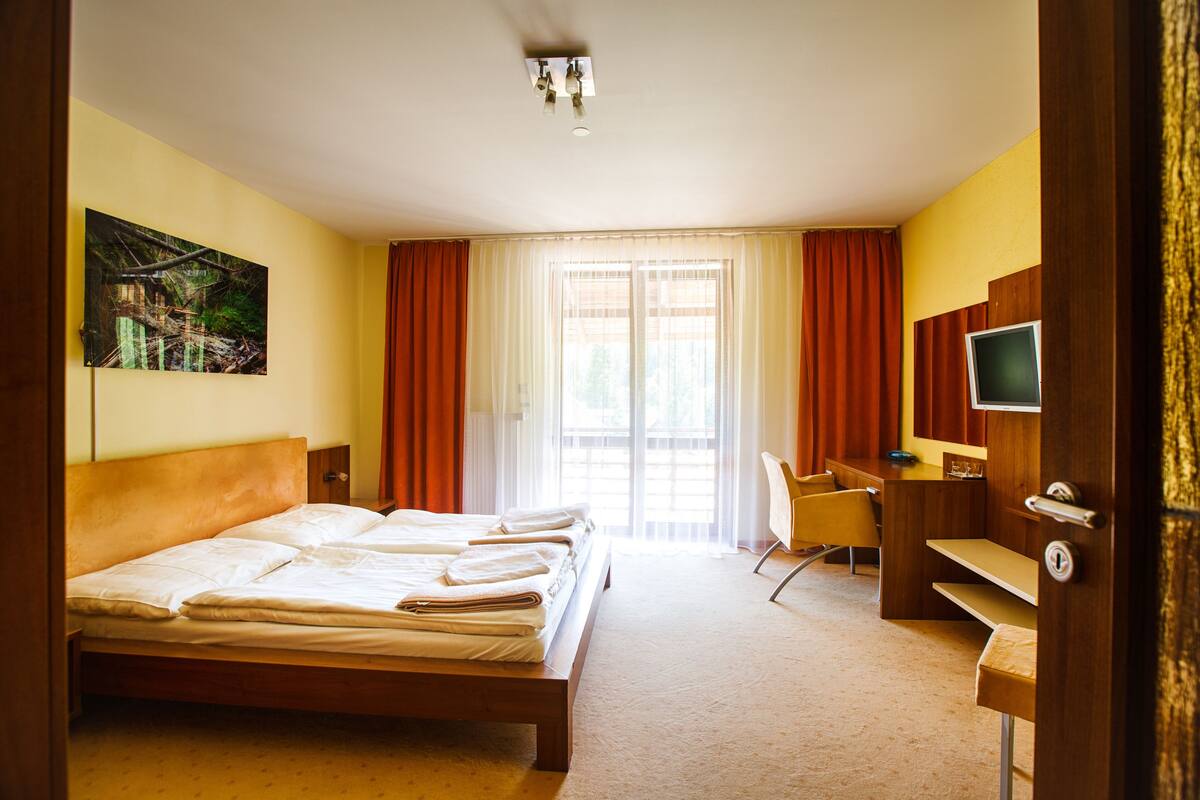 A hotel room with a bed, a desk, a chair, and a television.