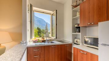 A kitchen with wooden cabinets, a sink, a window with a mountain view, and a microwave.