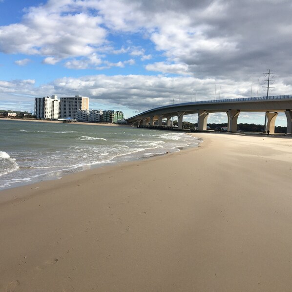 On the beach, sun loungers, beach towels