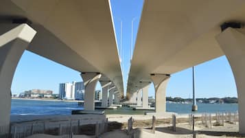 On the beach, sun loungers, beach towels