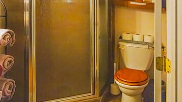 A bathroom with a shower enclosure, toilet, and a small shelf with toiletries.