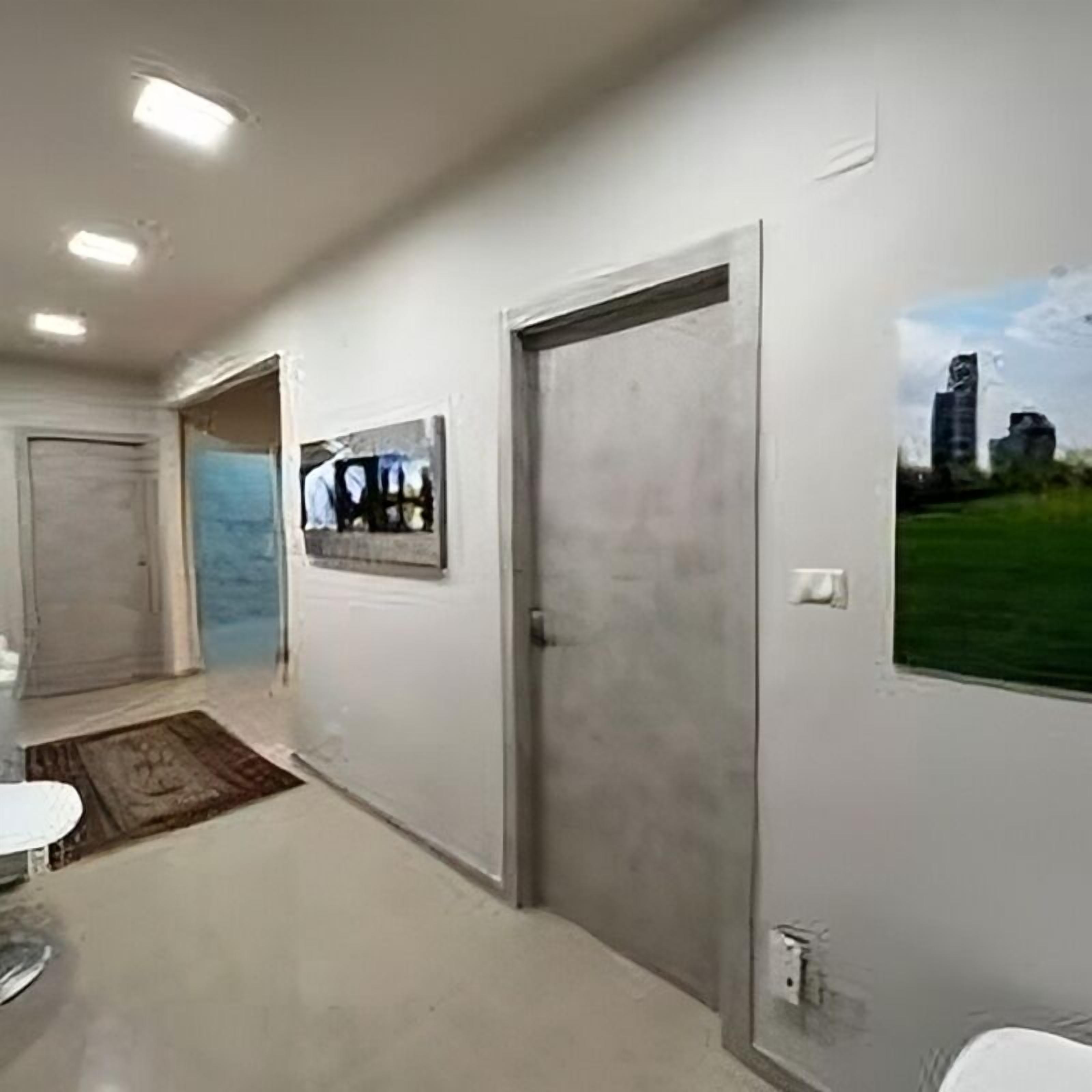 Un couloir avec une porte, un tableau encadré au mur et un interrupteur.