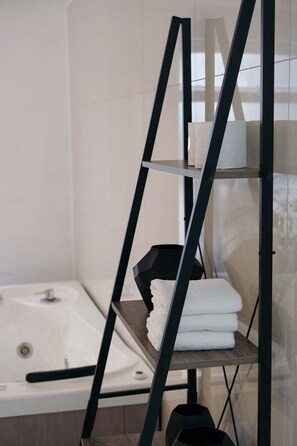 Hair dryer, towels, soap, shampoo