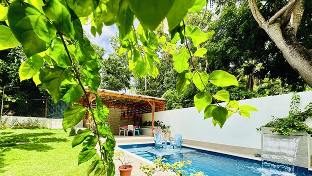 A backyard with a swimming pool, a pergola, and a seating area with chairs. - Palmare House (San Andrés)