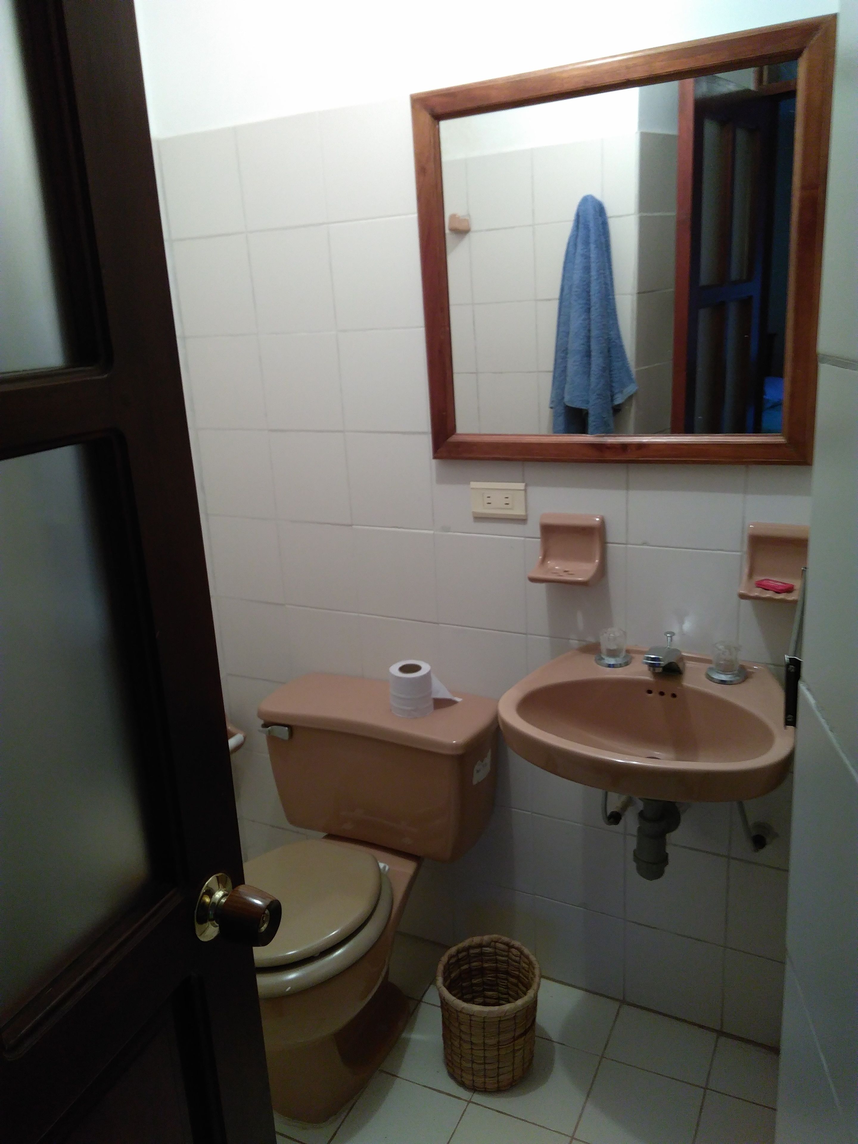 A bathroom with a toilet, sink, and mirror.