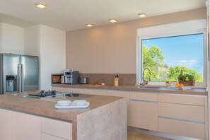 A modern kitchen with a central island, stainless steel appliances, and a large window offering a view of greenery.