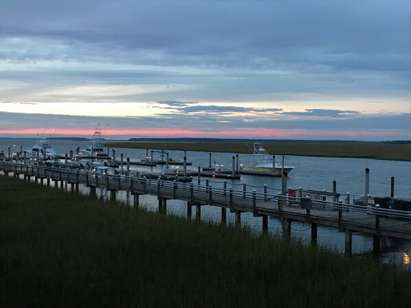 A marina with boats docked at wooden piers, surrounded by grassy areas and a calm body of water.