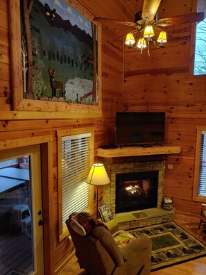 Smart TV, fireplace, video games, DVD player