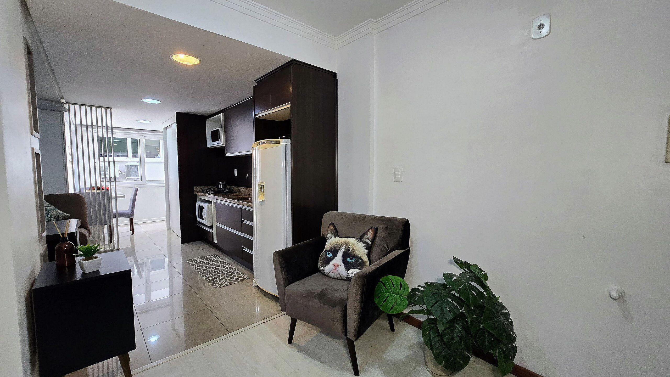 A modern kitchen with dark cabinetry, a dining area with a chair, and a sofa with a cat.
