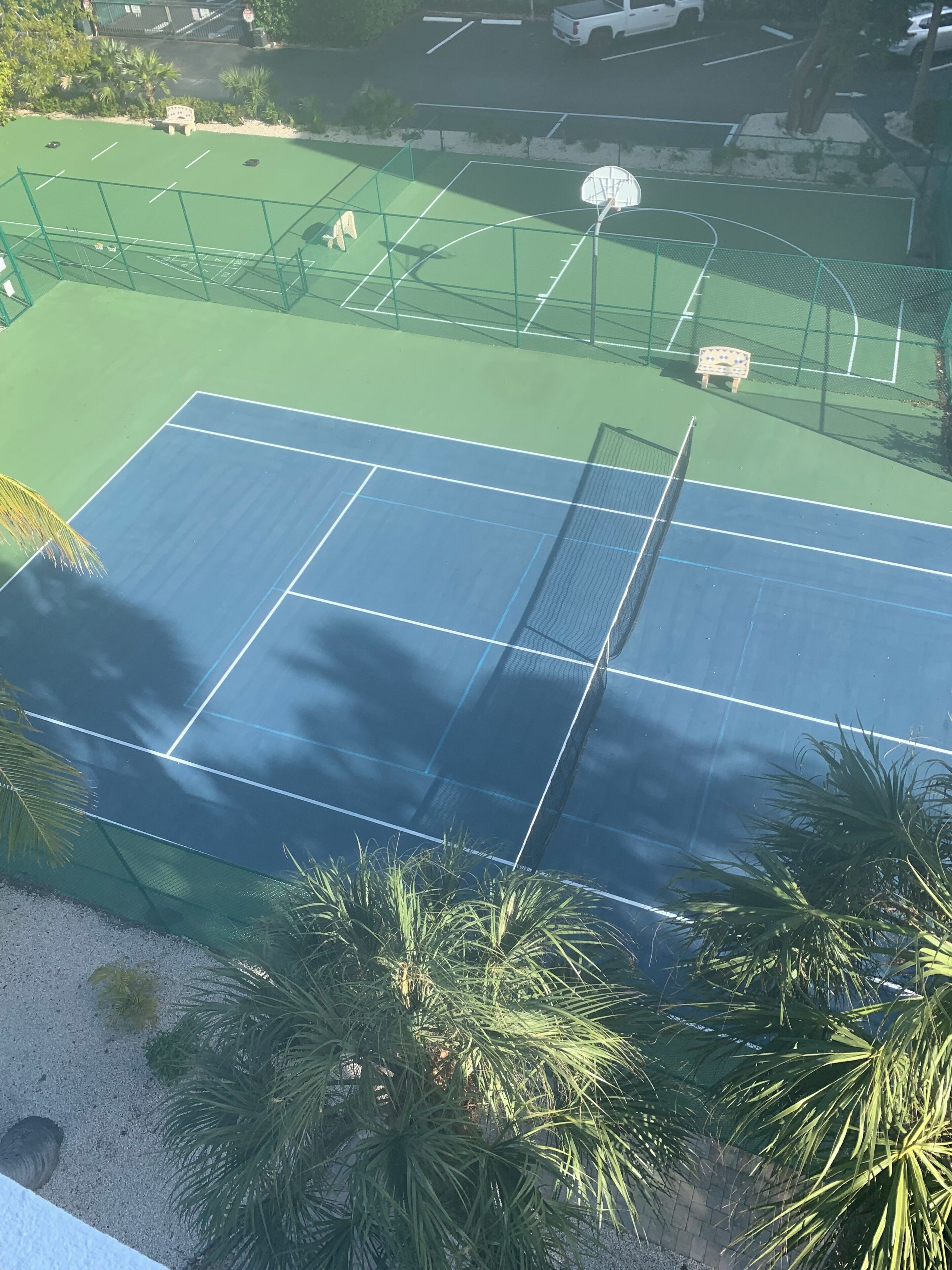 Una cancha de tenis con red, rodeada por una cerca verde y palmeras.