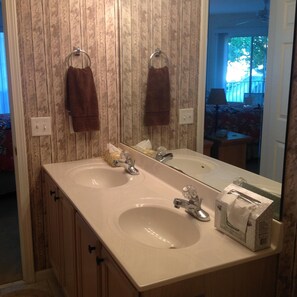 Hair dryer, towels, soap, toilet paper