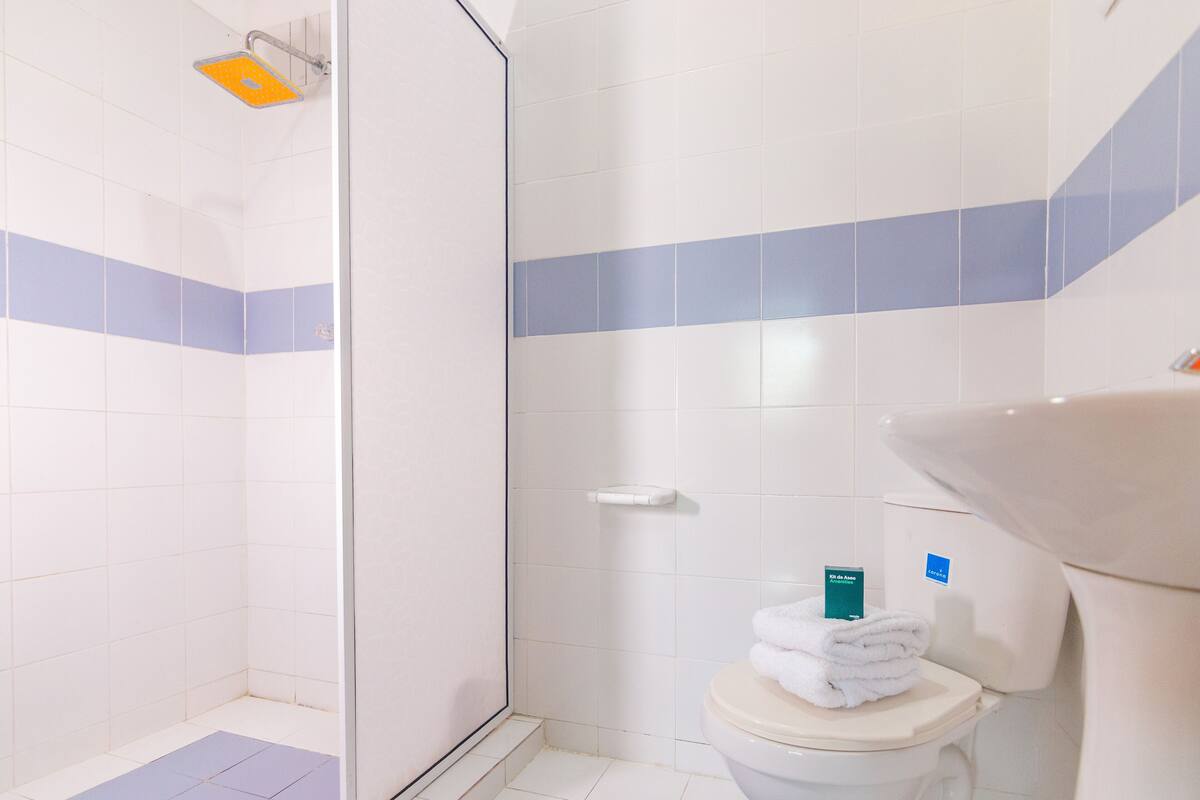 shower, towels, soap, shampoo