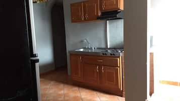 Fridge, microwave, oven, cookware/dishes/utensils