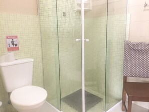 Shower, towels, toilet paper