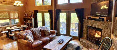 TV, fireplace, DVD player, books