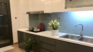 Une cuisine moderne avec des meubles de couleur sombre, un évier en acier inoxydable et deux plantes en pot.