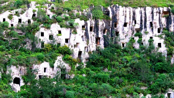 Eine Klippe mit zahlreichen, hohlen Vertiefungen, in einigen wächst Vegetation.
