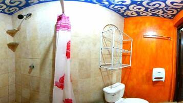 Shower, free toiletries, towels, soap